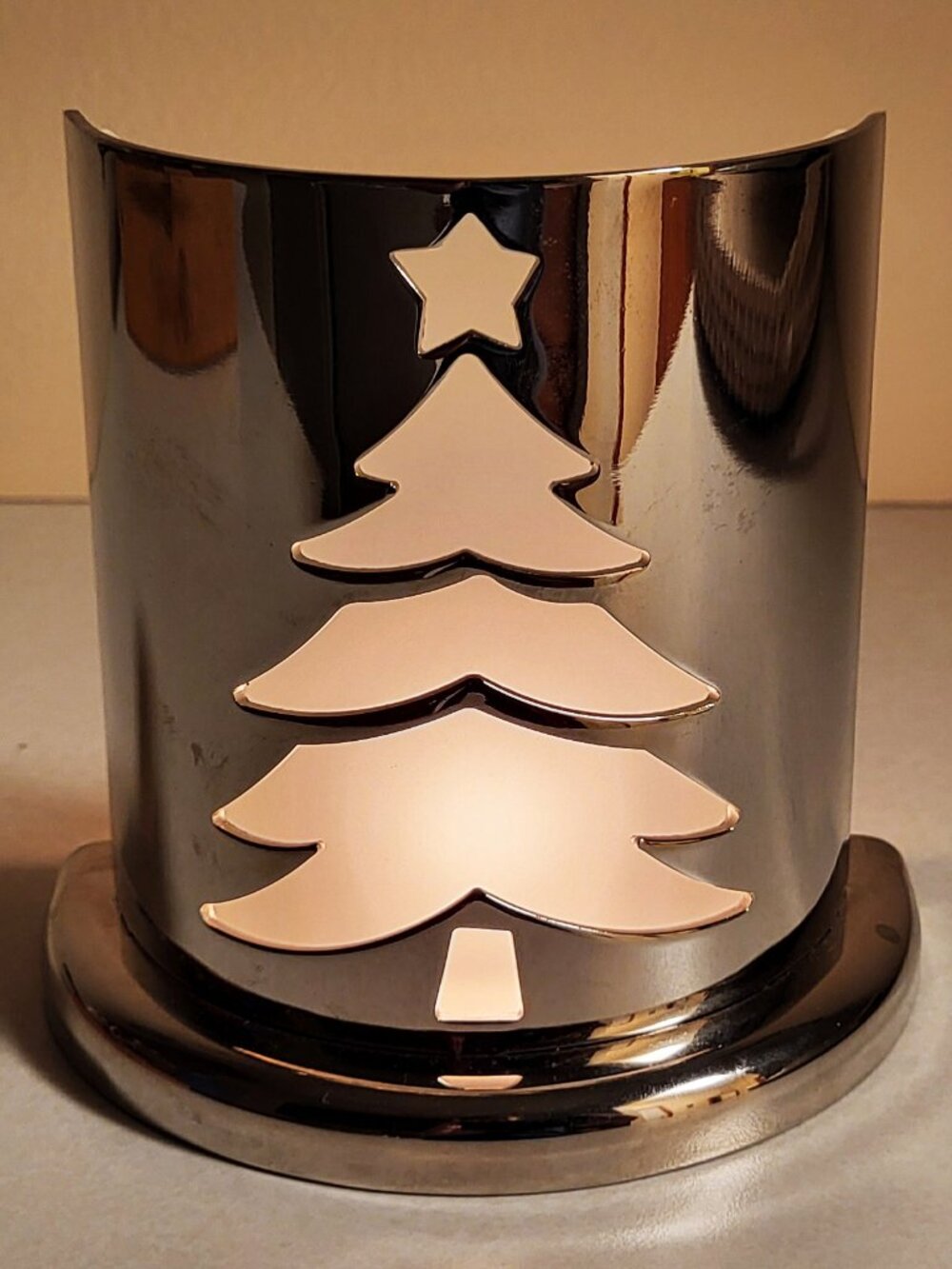 Vtg Candle Holder Votive Light Polished Silver Metal Decor Unique Holiday Tree